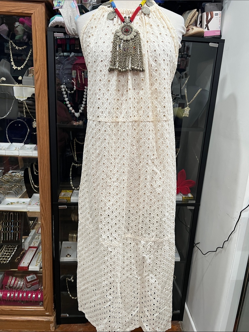 Vitamin A Cream Eyelet Halter Maxi Dress